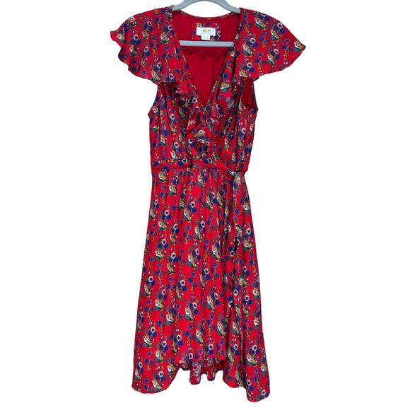 Women's Anthropologie Maeve Short Floral Faux Wrap Hi-Low Dress Red, Size 6, EUC - Picture 2 of 5